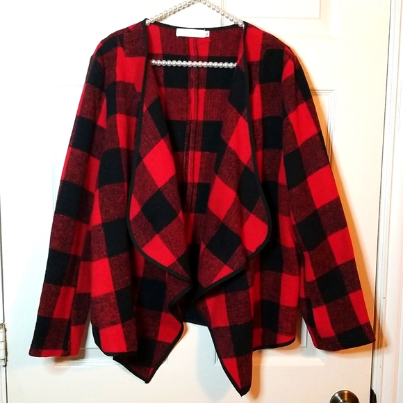 hispter row Jackets & Blazers - Hipster Row Womens Buffalo Plaid Red Black Jacket Cardigan Sweater